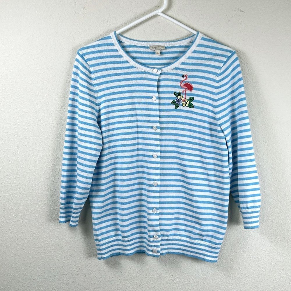Talbots Cardigan Sweater Petite M MP Blue‎ White Striped Embroidered Flamingo